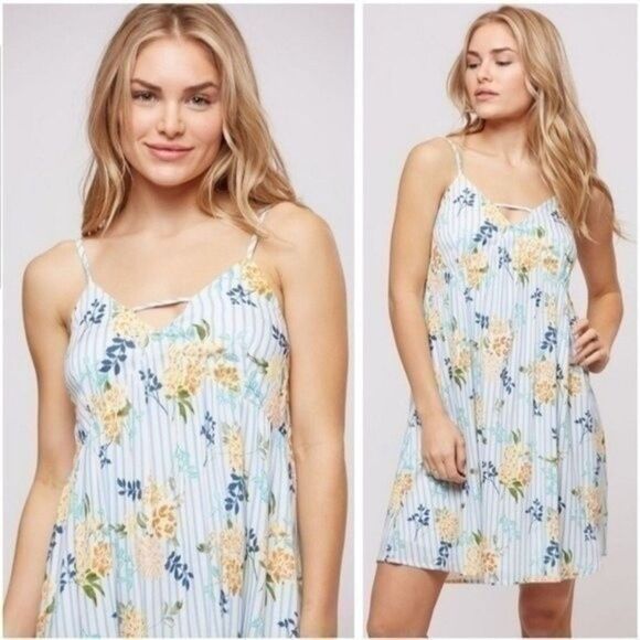 Boho Floral Spaghetti Strap Striped Dress in Ivory Blue Size Large NWT  7 0028 - Picture 1 of 2